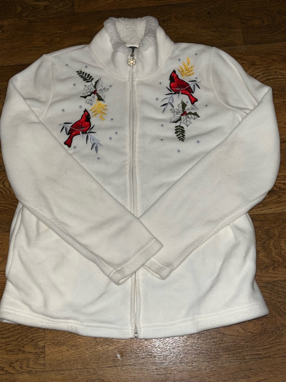 George White Fleece Jacket with Red Cardinal Embroidery